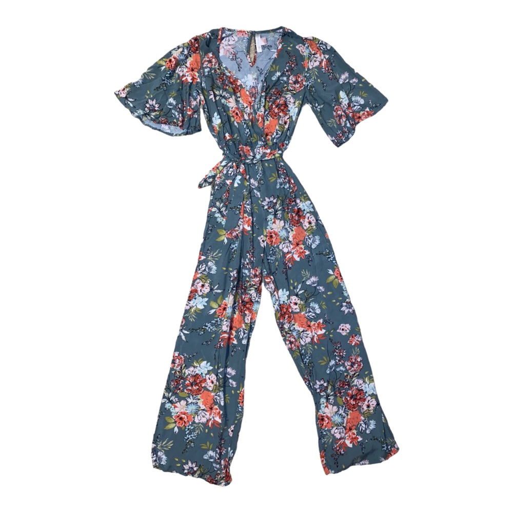 Band of Gypsies Pink Floral Green Flowy Short Sleeve Jumpsuit Small NWOT